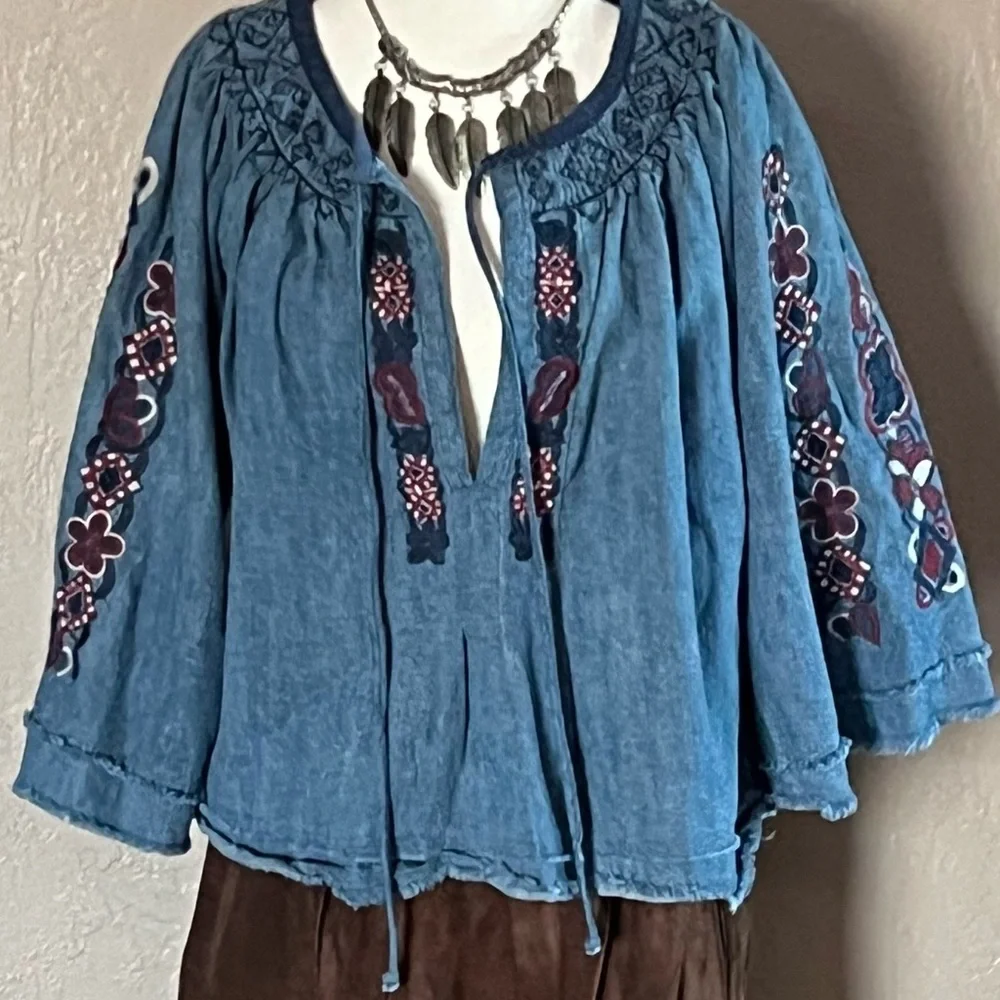 Free People Sun Valley Embroidered Denim Blouse - Picture 3 of 9